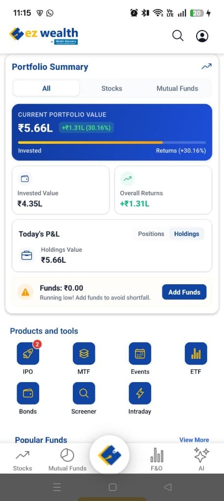 EZ Wealth app portfolio dashboard showing current value, returns, holdings and products